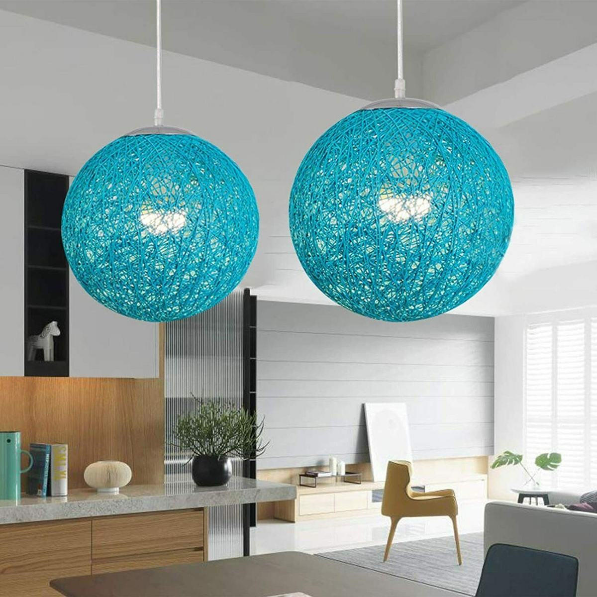 Modern Industrial Rattan Wicker Woven Ball Globe Pendant Light for Bedroom, Kitchen, Study Room