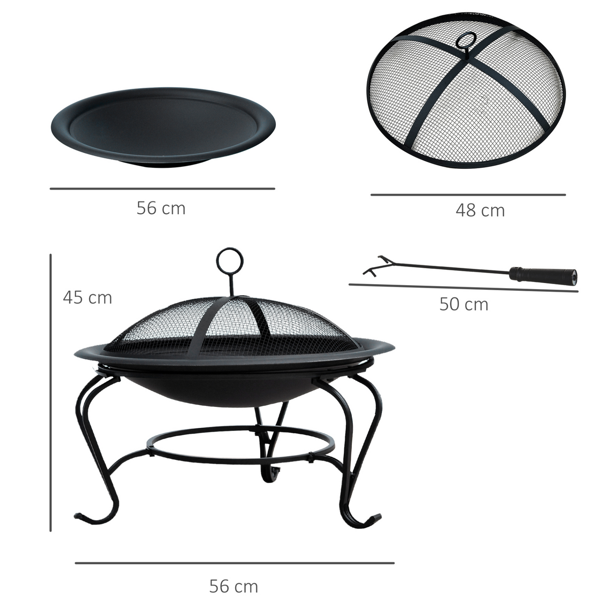 Outsunny Metal Firepit Bowl Outdoor Round Fire Pit w/ Lid, Log Grate, Poker – Black