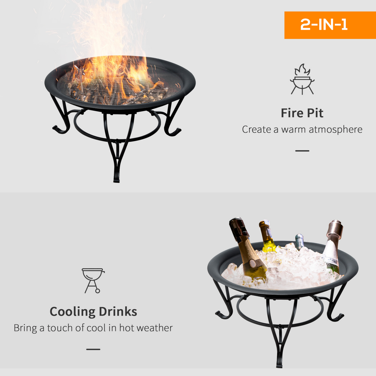 Outsunny Metal Firepit Bowl Outdoor Round Fire Pit w/ Lid, Log Grate, Poker – Black