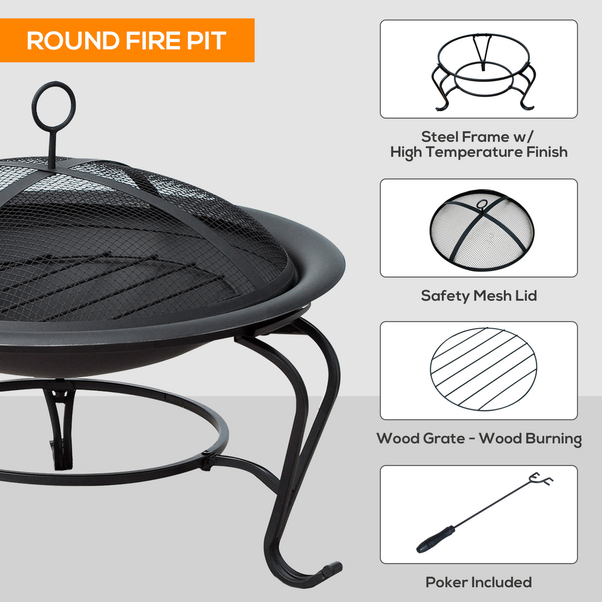 Outsunny Metal Firepit Bowl Outdoor Round Fire Pit w/ Lid, Log Grate, Poker – Black