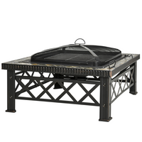 Outsunny Metal Large Firepit Outdoor 3 in 1 Square Fire Pit Brazier w/ BBQ Grill, Lid, Log Grate, Poker - Black