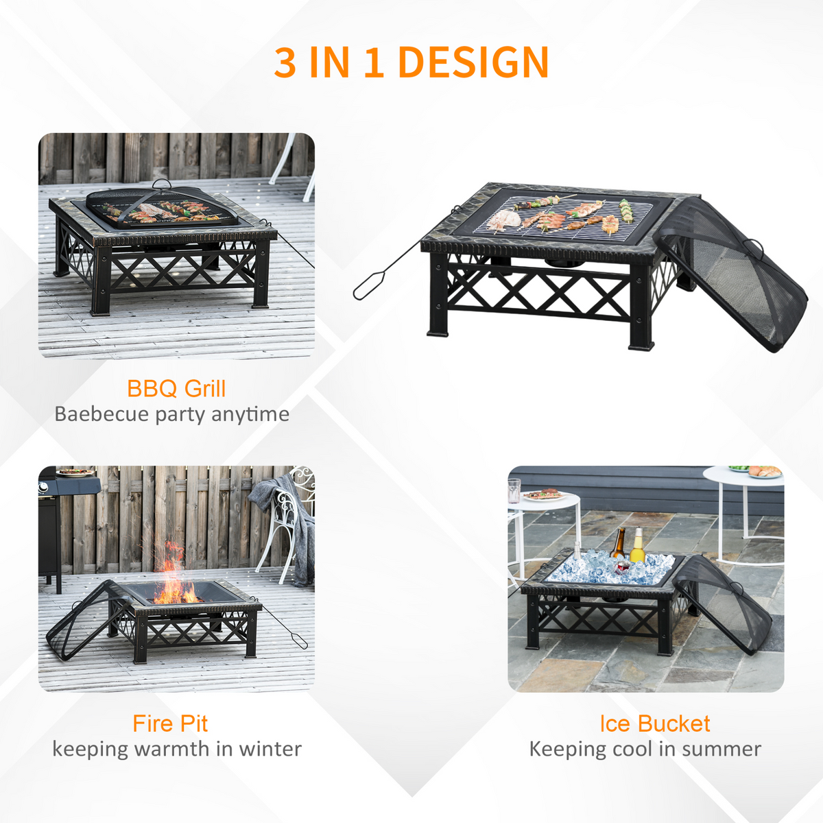 Outsunny Metal Large Firepit Outdoor 3 in 1 Square Fire Pit Brazier w/ BBQ Grill, Lid, Log Grate, Poker - Black