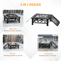 Outsunny Metal Large Firepit Outdoor 3 in 1 Square Fire Pit Brazier w/ BBQ Grill, Lid, Log Grate, Poker - Black