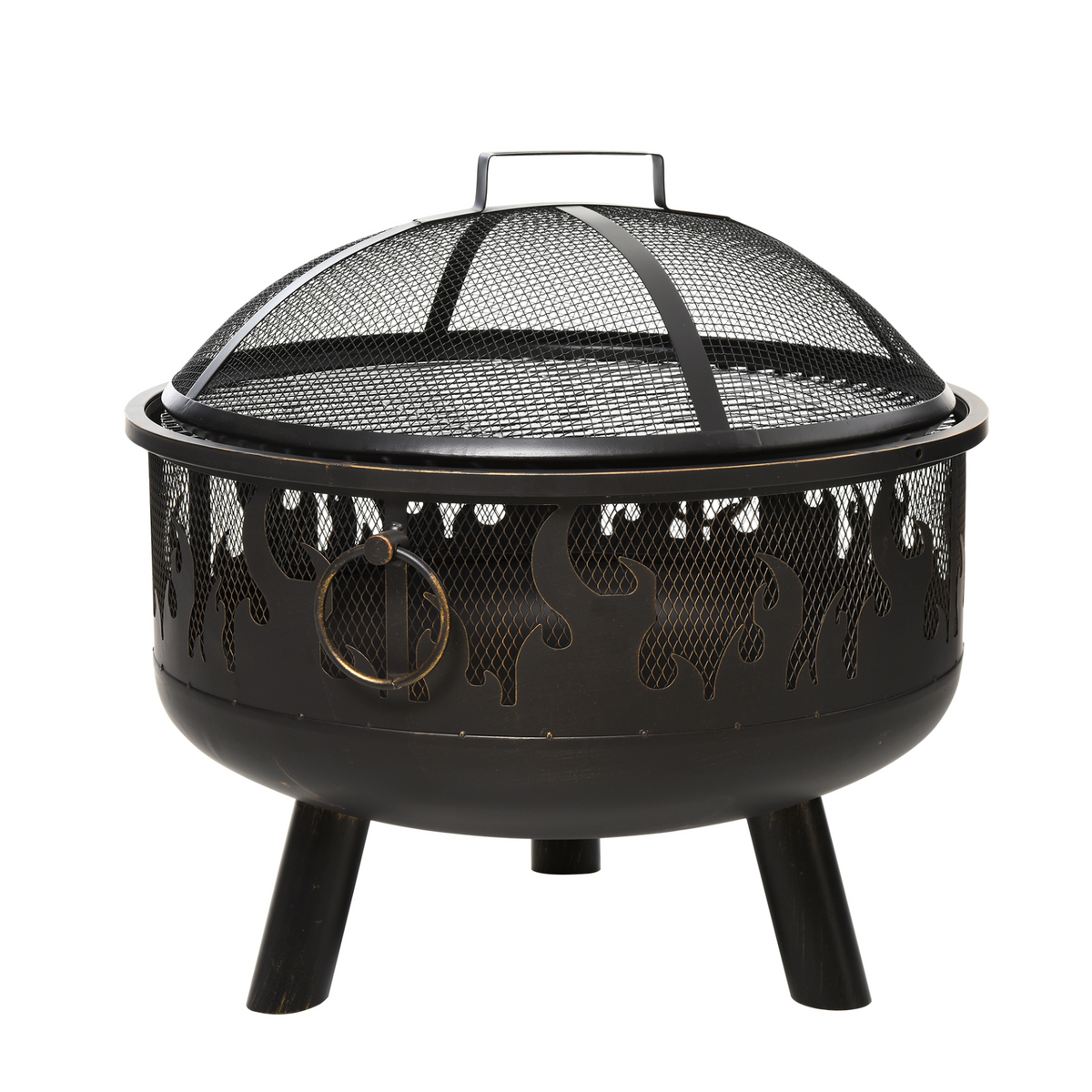 Outsunny Metal Firepit Bowl Outdoor 2-In-1 Round Fire Pit w/ Lid, Grill, Poker, Handles - 61.5 x 61.5 x 52cm, Black