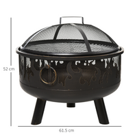 Outsunny Metal Firepit Bowl Outdoor 2-In-1 Round Fire Pit w/ Lid, Grill, Poker, Handles - 61.5 x 61.5 x 52cm, Black