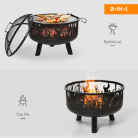 Outsunny Metal Firepit Bowl Outdoor 2-In-1 Round Fire Pit w/ Lid, Grill, Poker, Handles - 61.5 x 61.5 x 52cm, Black