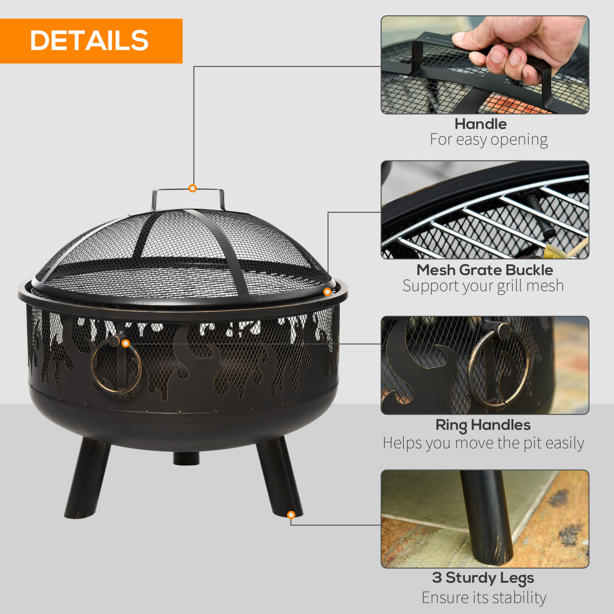 Outsunny Metal Firepit Bowl Outdoor 2-In-1 Round Fire Pit w/ Lid, Grill, Poker, Handles - 61.5 x 61.5 x 52cm, Black