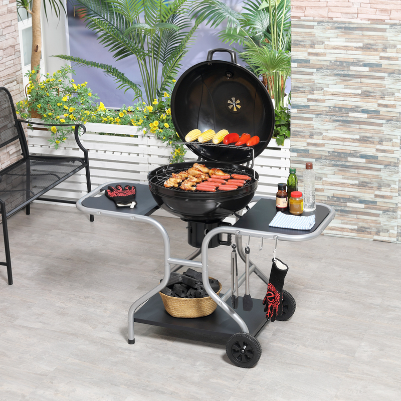 Outsunny Portable Charcoal Kettle Grill - Outdoor Barbecue Trolley BBQ Heat Smoker Grilling