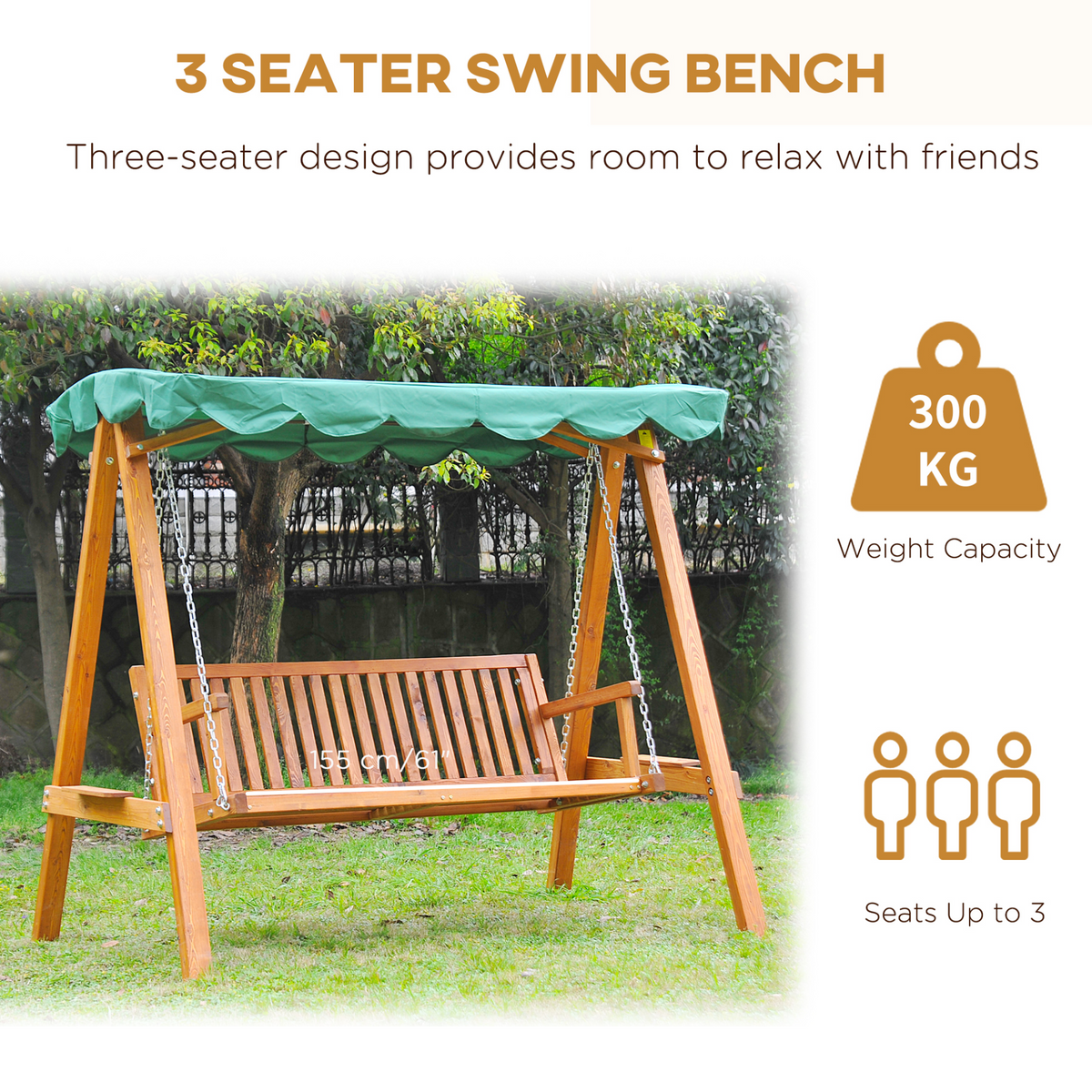 Outsunny 3 Seater Wooden Garden Swing Seat Swing Chair Outdoor Hammock Bench Furniture, Green