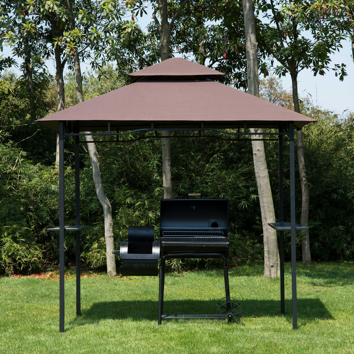 Outsunny 2.5M (8ft) New Double-Tier BBQ Gazebo Grill Canopy Barbecue Tent Shelter Patio Deck Cover - Coffee