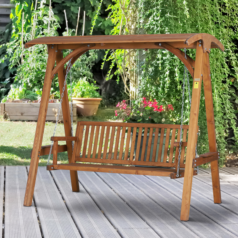 Outsunny 3 Seater Garden Swing Seat Wooden Swing Chair Hammock Bench Lounger with Canopy, Natural - Durable, Stylish, and Relaxing