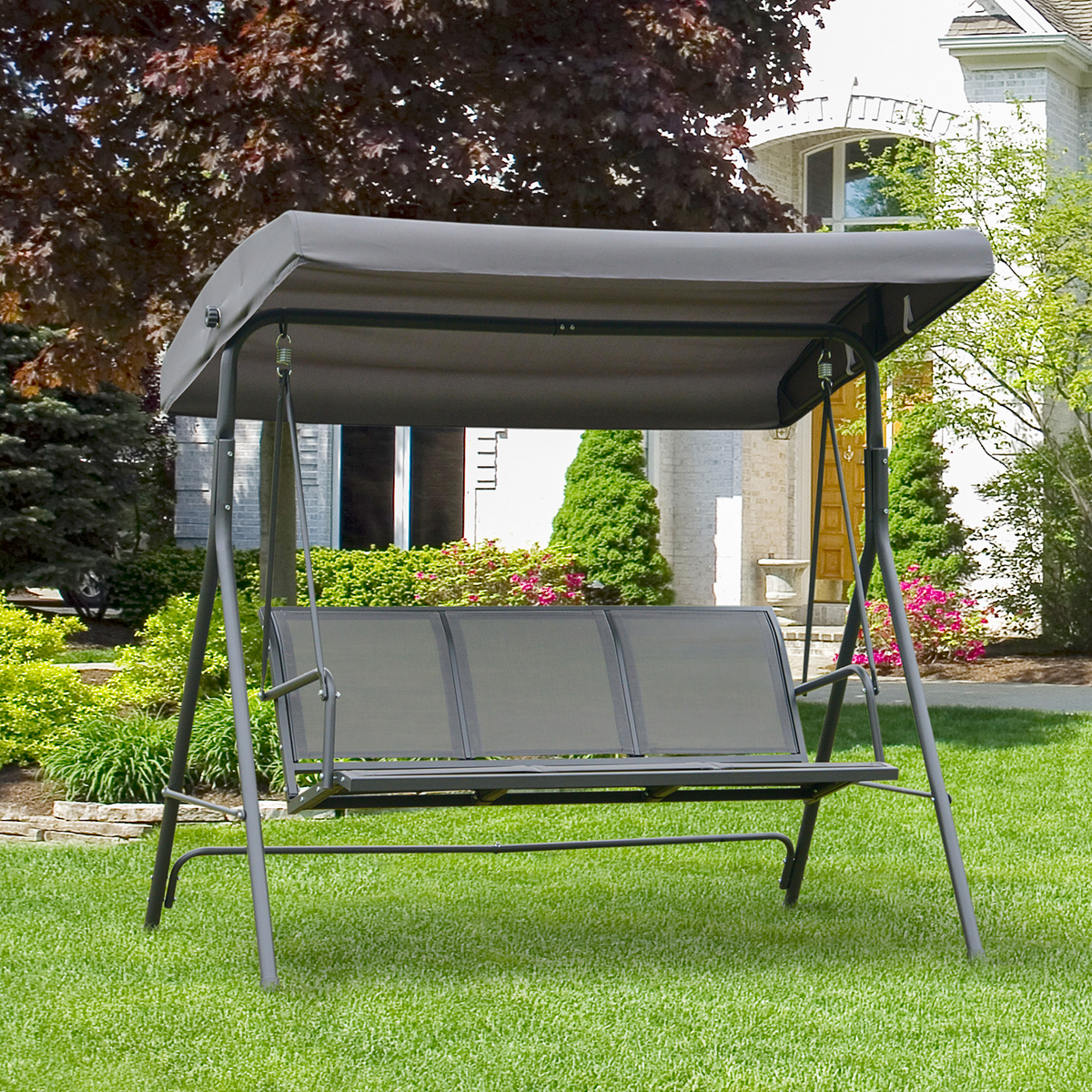 Outsunny 3 Seater Swing Chair Garden Swing Seat Outdoor Hammock with Canopy Steel Frame - Grey