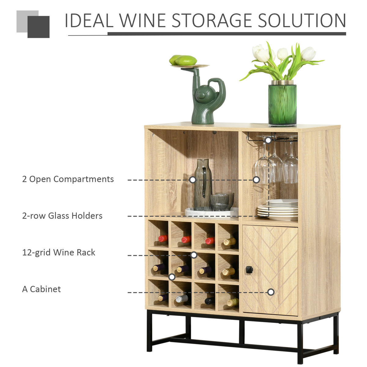 HOMCOM Wine Cabinet for 12 Bottles, Freestanding Wine Rack Sideboard Serving Bar Cabinet with Glass Holders, Brown