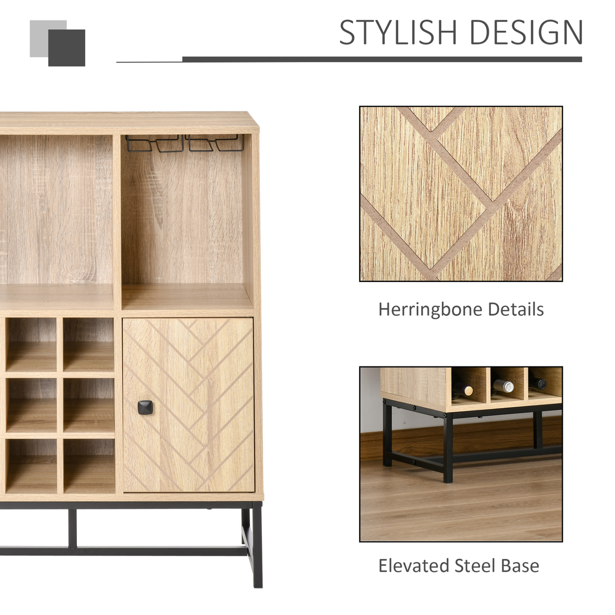 HOMCOM Wine Cabinet for 12 Bottles, Freestanding Wine Rack Sideboard Serving Bar Cabinet with Glass Holders, Brown