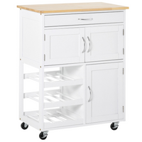 HOMCOM Modern Kitchen Trolley | Rolling Island Storage Cart with Drawer, Wine Rack, Cabinets, Wooden Countertop - White