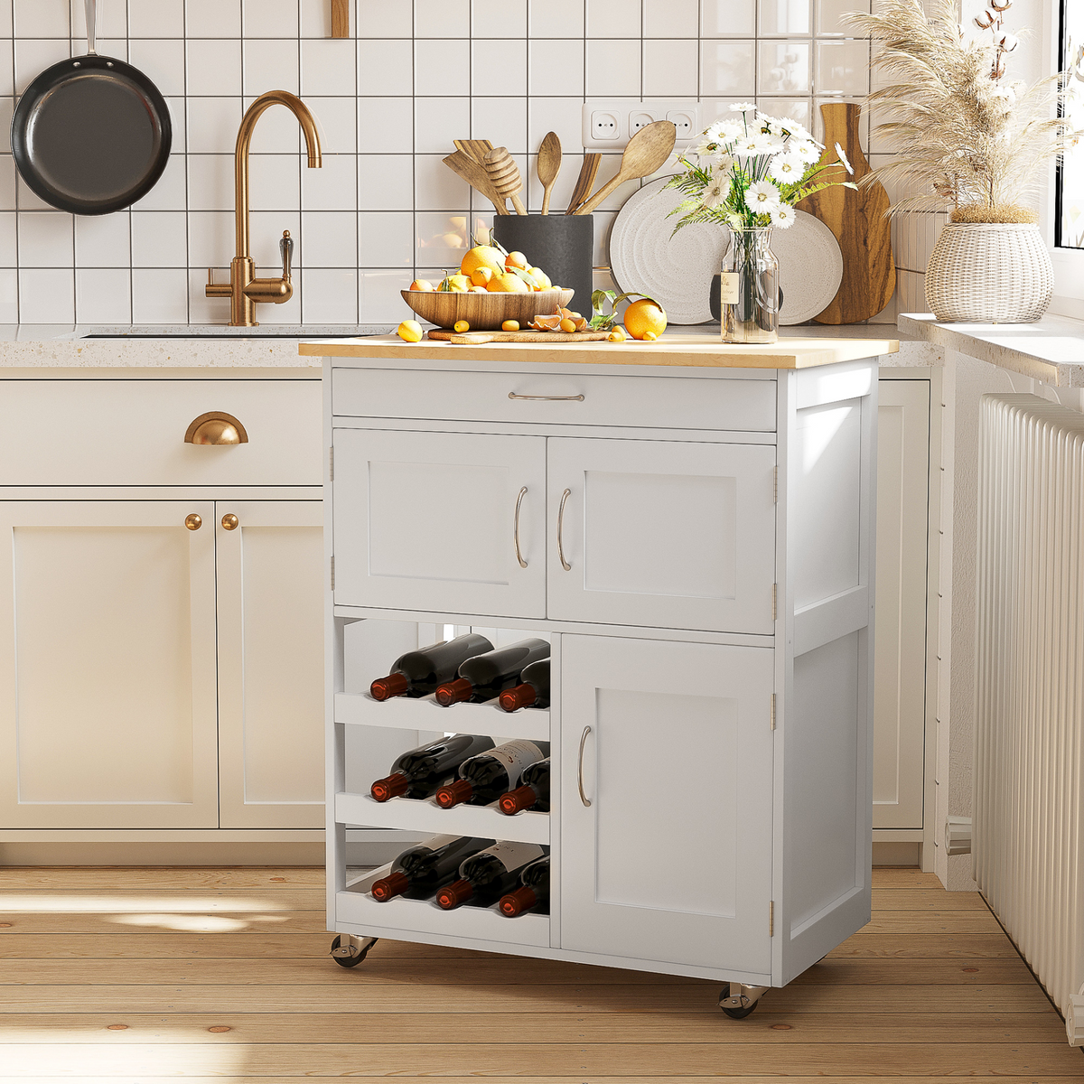 HOMCOM Modern Kitchen Trolley | Rolling Island Storage Cart with Drawer, Wine Rack, Cabinets, Wooden Countertop - White