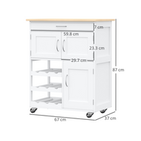 HOMCOM Modern Kitchen Trolley | Rolling Island Storage Cart with Drawer, Wine Rack, Cabinets, Wooden Countertop - White