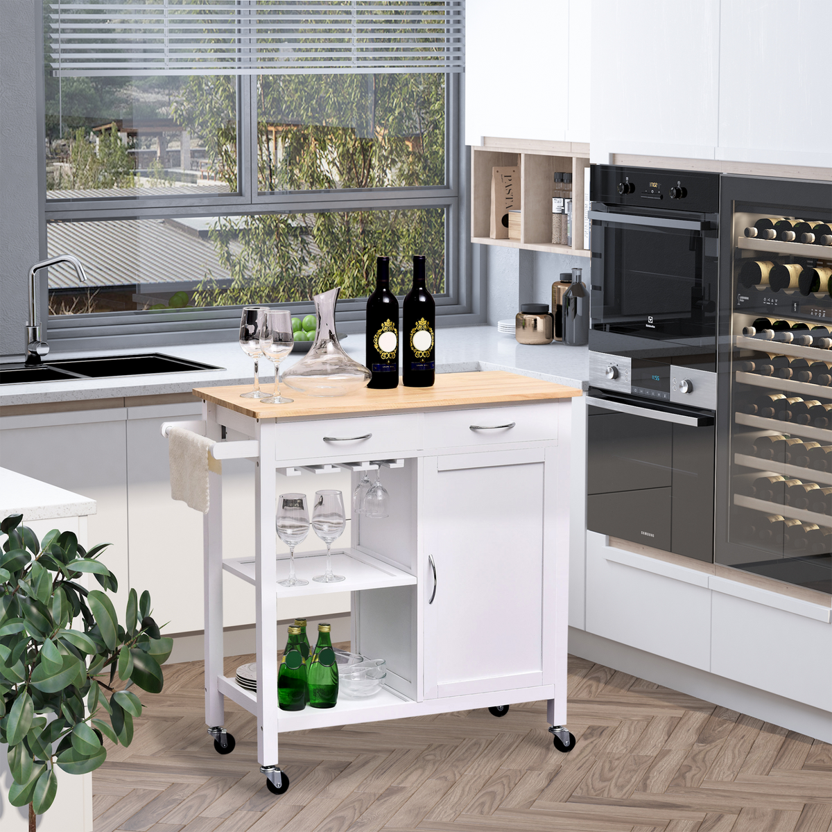 HOMCOM Kitchen Storage Trolley Cart Cupboard Rolling Wheels Shelves Cabinet Island with Drawers - White