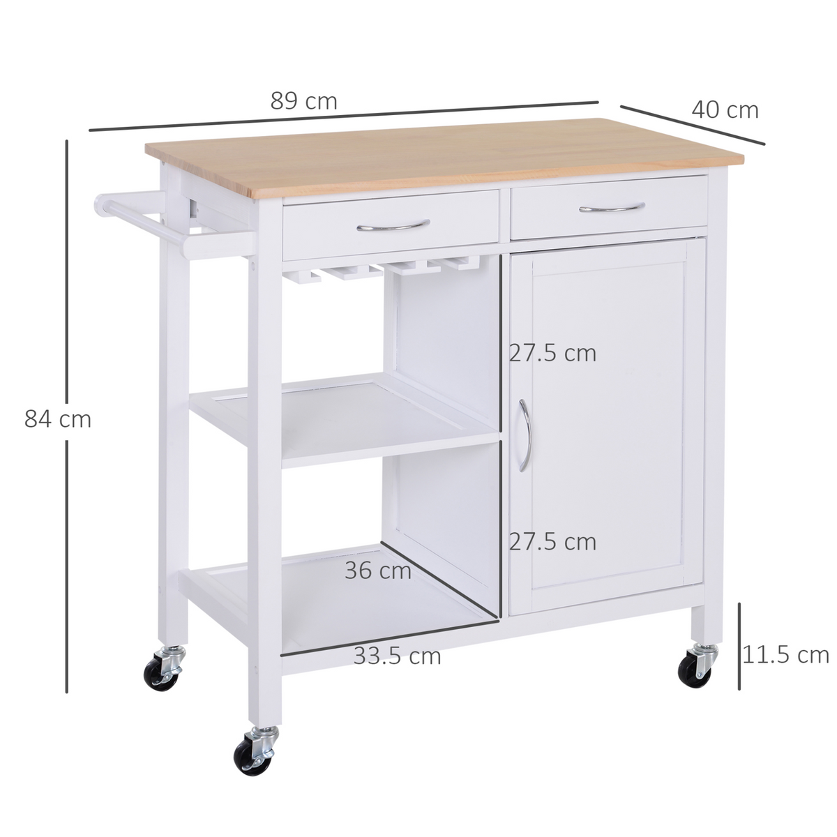 HOMCOM Kitchen Storage Trolley Cart Cupboard Rolling Wheels Shelves Cabinet Island with Drawers - White