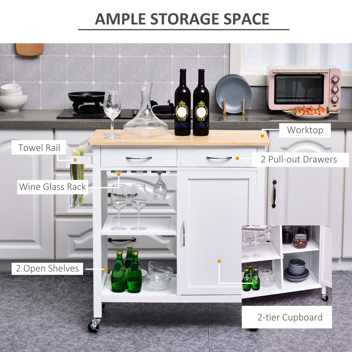 HOMCOM Kitchen Storage Trolley Cart Cupboard Rolling Wheels Shelves Cabinet Island with Drawers - White