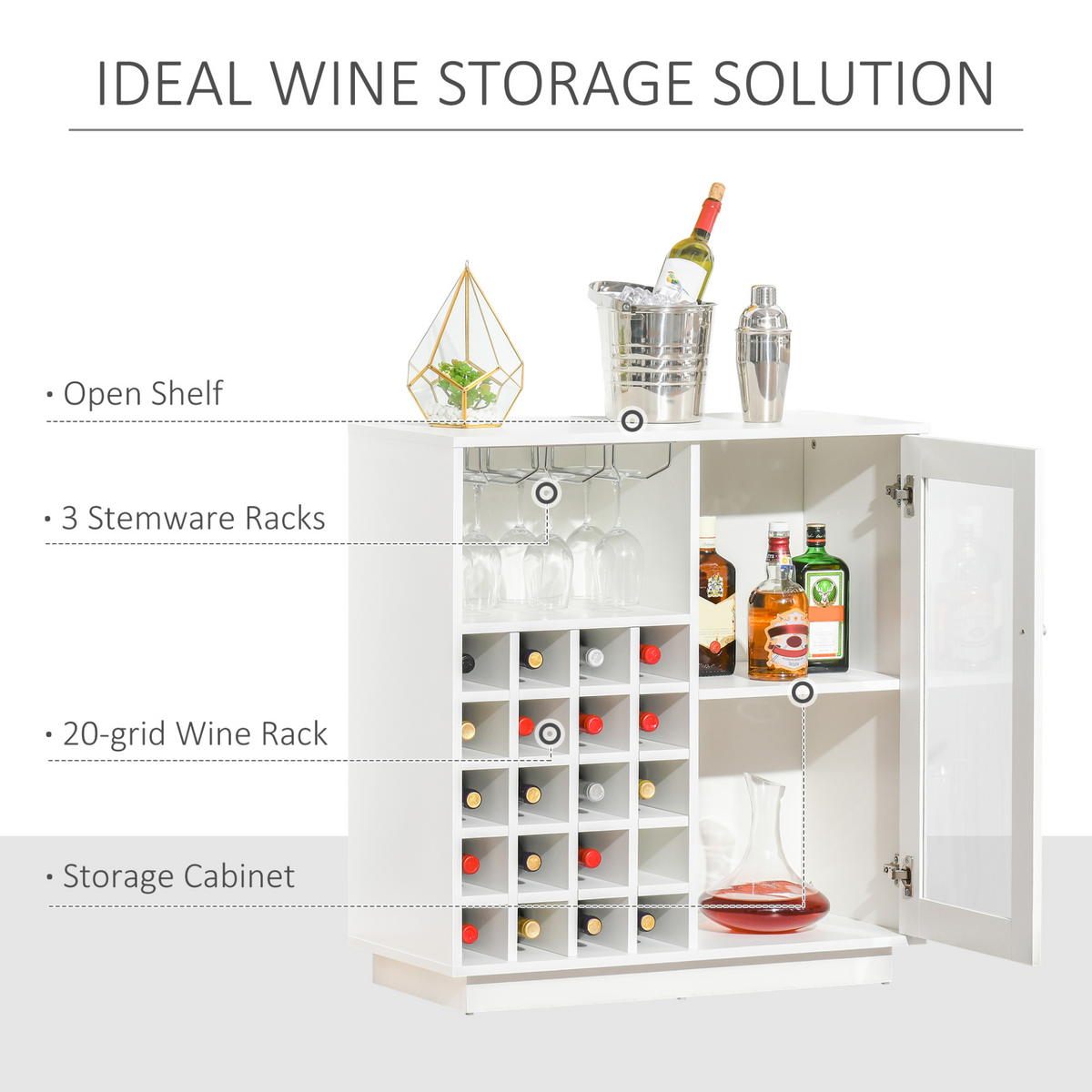 HOMCOM Modern Sideboard Wine Cabinet Cupboard with Glass Door, Glass Holder & 20-Bottle Wine Rack