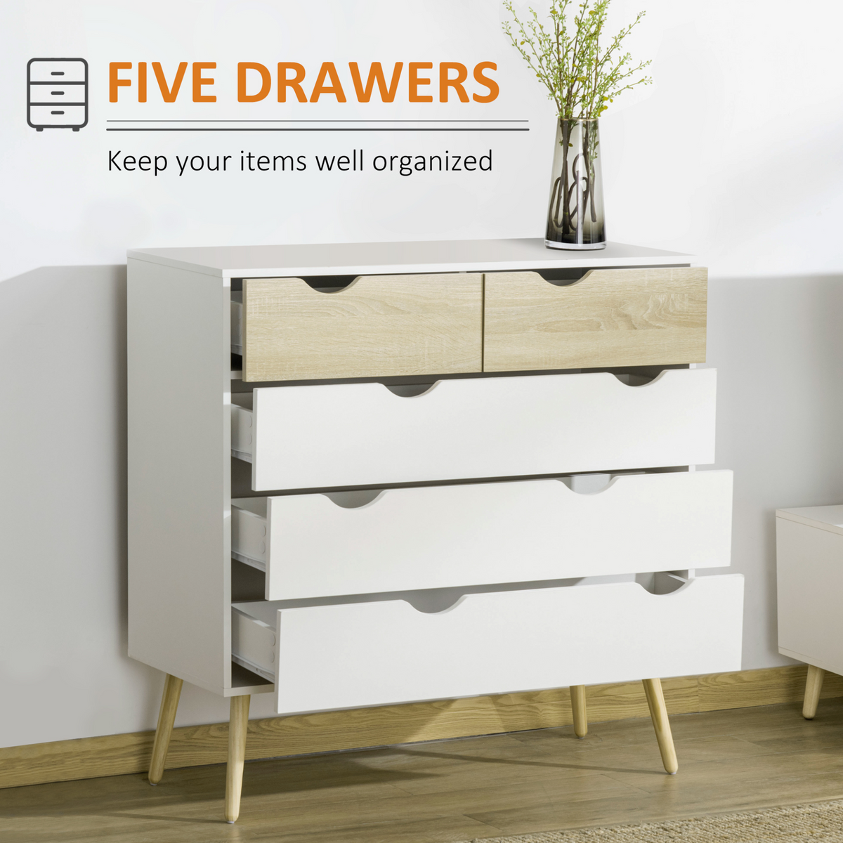 HOMCOM Chest of Drawers, 5 Drawer Dresser, Storage Organizer Side Cabinet for Bedroom, Living Room