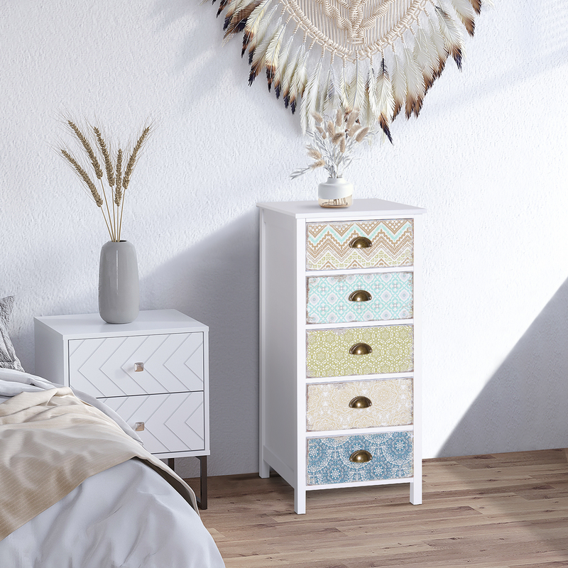 HOMCOM Chest of 5 Drawers | Vintage Look Bedside Cabinet | Storage Chest Organizer Unit