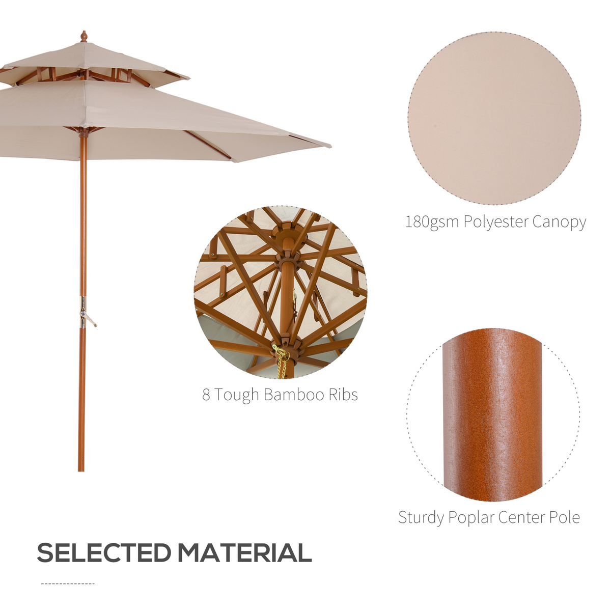 Outsunny 2.7m Patio Parasol Double Tier Garden Umbrella Sunshade Bamboo Parasol, Beige