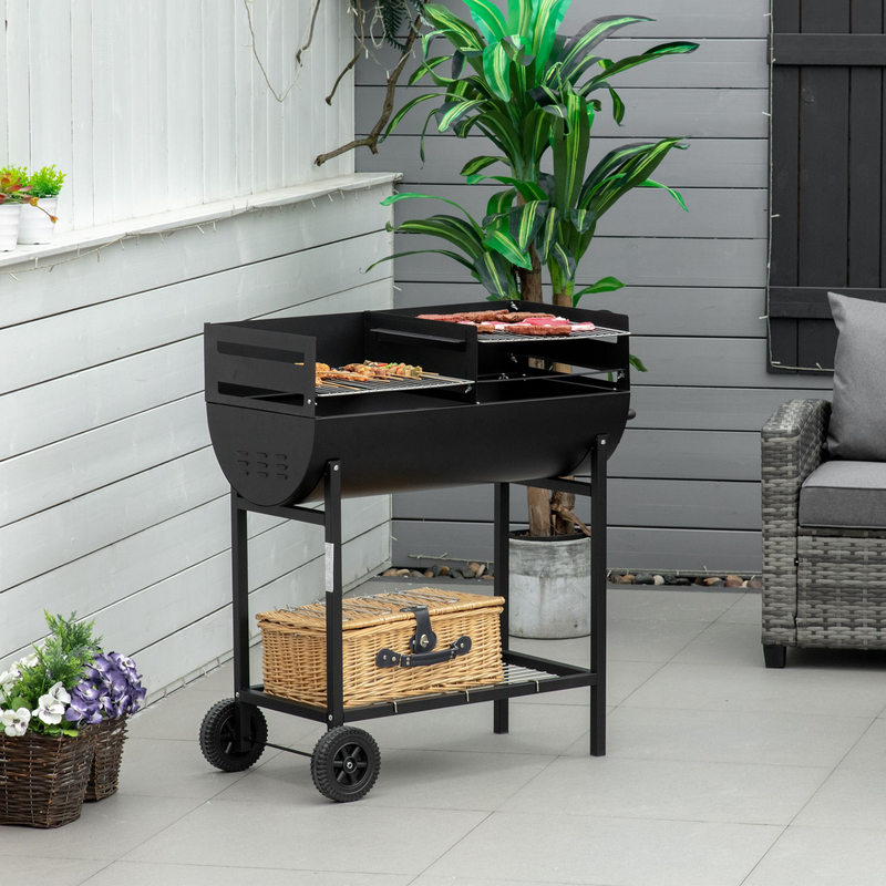 Outsunny Trolley Charcoal BBQ Barbecue Grill Cooker Patio Outdoor Garden Smoker with Wheels, Black - 90 x 45 x 96cm