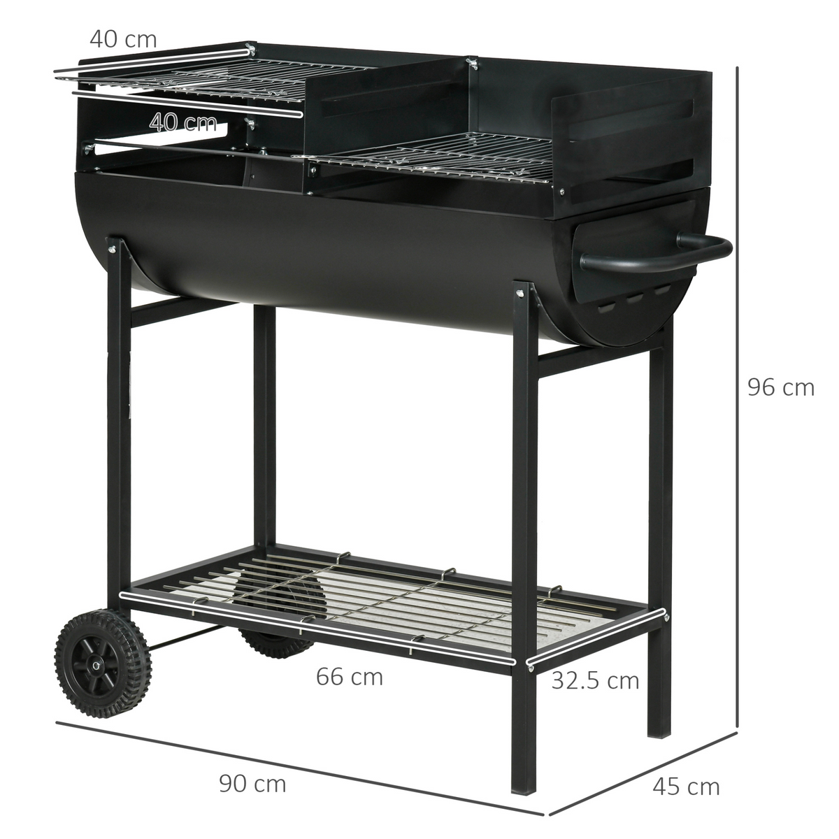 Outsunny Trolley Charcoal BBQ Barbecue Grill Cooker Patio Outdoor Garden Smoker with Wheels, Black - 90 x 45 x 96cm