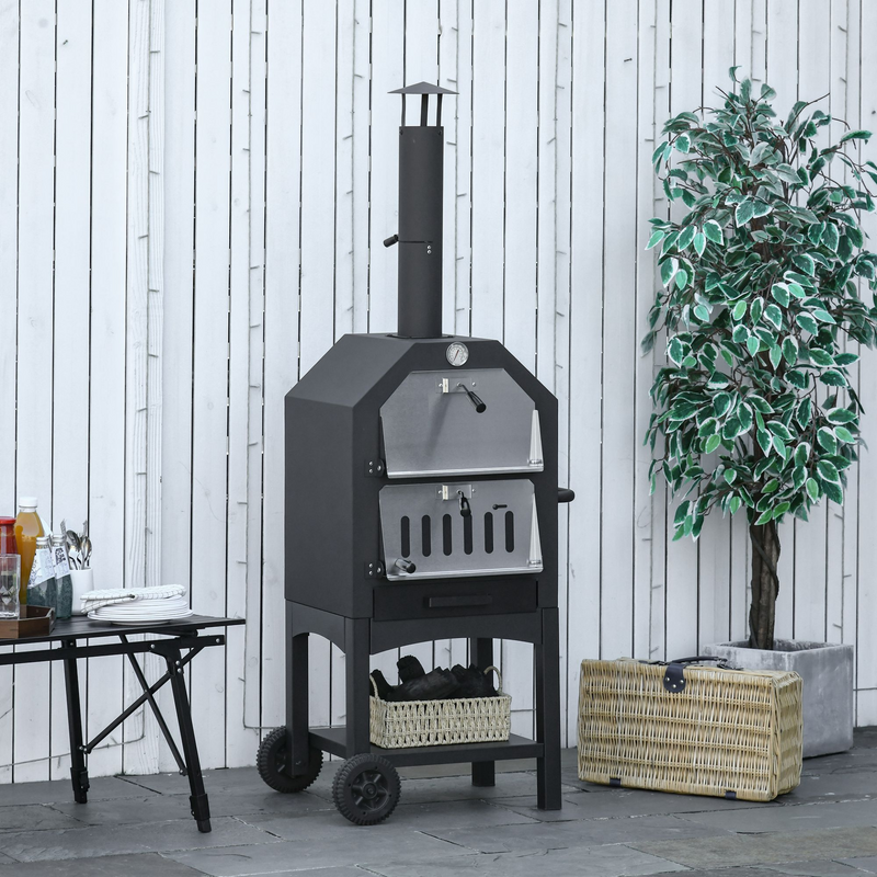 Outsunny Outdoor Garden Pizza Oven Charcoal BBQ Grill 3-Tier Freestanding | Stainless Steel Cooker