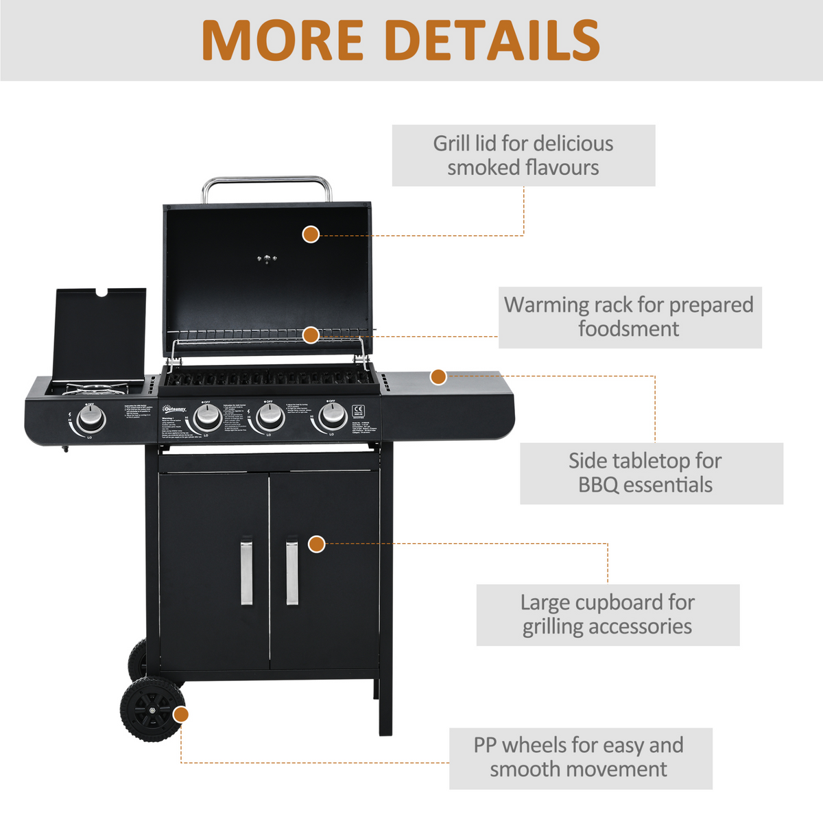 Outsunny Gas Burner Barbecue Grill 3+1 Burner Garden BBQ Trolley with Side Burner