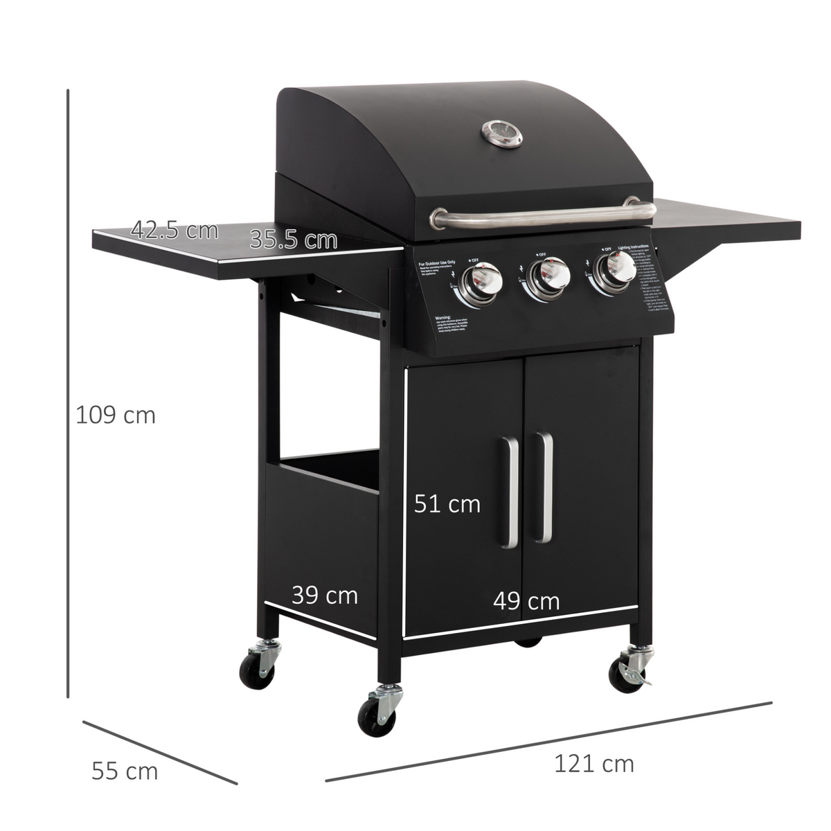 Outsunny 3 Burner Gas BBQ Grill Outdoor Portable Barbecue Trolley with Warming Rack, Side Shelves, Storage Cabinet, Thermometer, Carbon Steel, Black