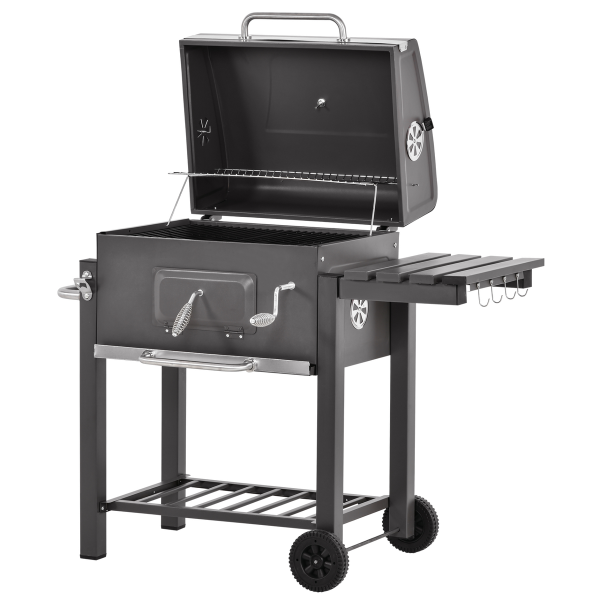 Outsunny Charcoal Grill BBQ Trolley Backyard Garden Metal Smoker Barbecue with Shelf Side Table Wheels Built-in Thermometer