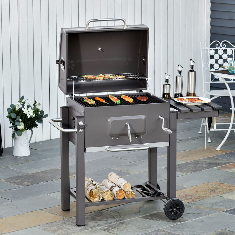 Outsunny Charcoal Grill BBQ Trolley Backyard Garden Metal Smoker Barbecue with Shelf Side Table Wheels Built-in Thermometer