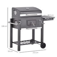 Outsunny Charcoal Grill BBQ Trolley Backyard Garden Metal Smoker Barbecue with Shelf Side Table Wheels Built-in Thermometer