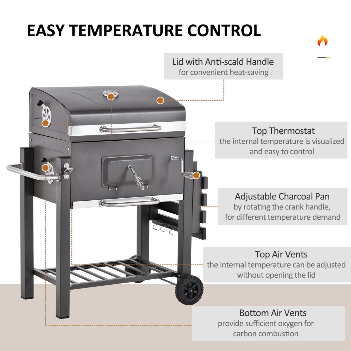 Outsunny Charcoal Grill BBQ Trolley Backyard Garden Metal Smoker Barbecue with Shelf Side Table Wheels Built-in Thermometer