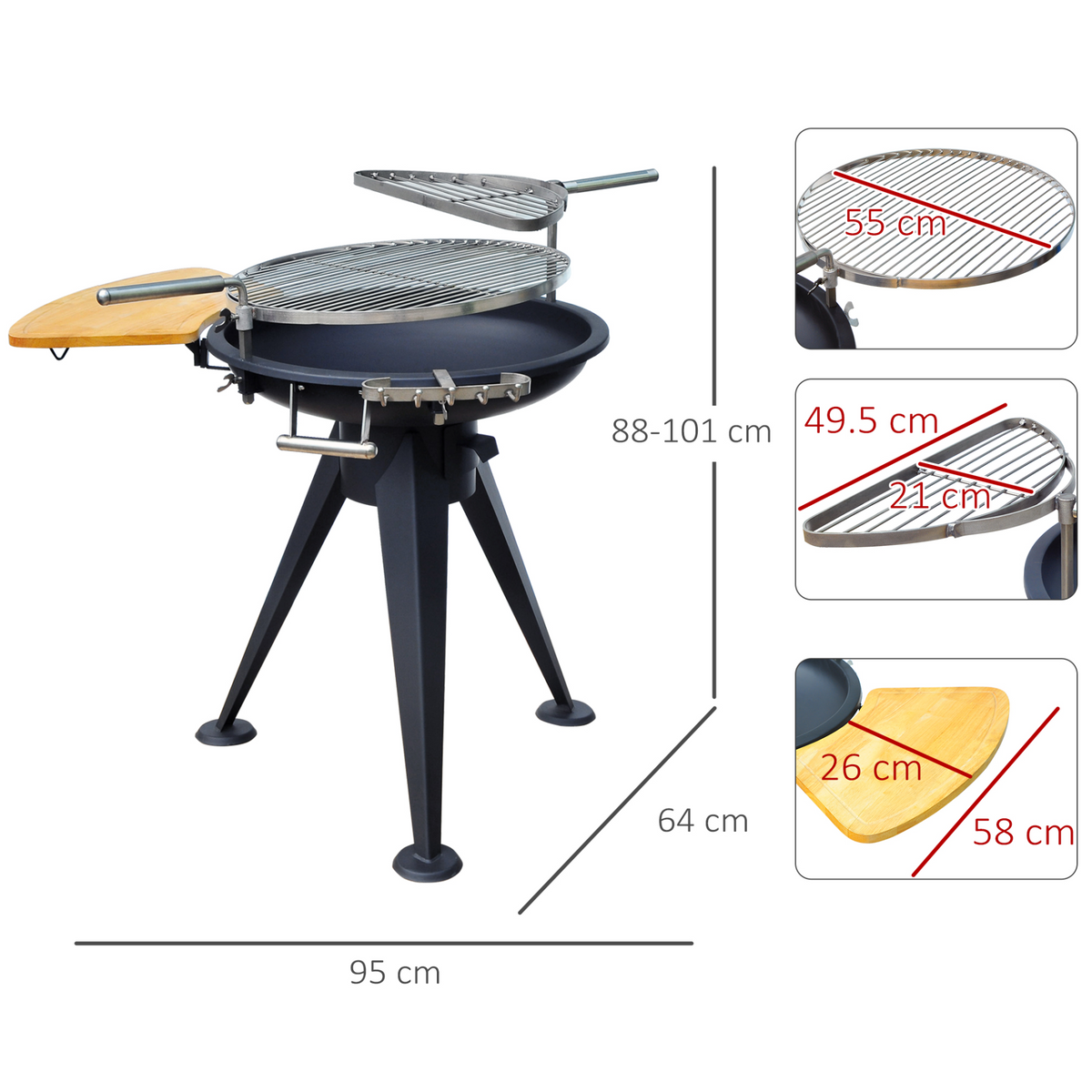 Outsunny Outdoor Garden Patio Adjustable Barbecue Double Grill Charcoal BBQ Fire Pit - Black