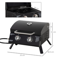 Outsunny 2 Burner Gas BBQ Grill Outdoor Portable Folding Tabletop Barbecue with Lid, Thermometer, Carbon Steel, Black