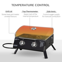 Outsunny 2 Burner Gas BBQ Grill Outdoor Portable Folding Tabletop Barbecue with Lid, Thermometer, Carbon Steel, Black