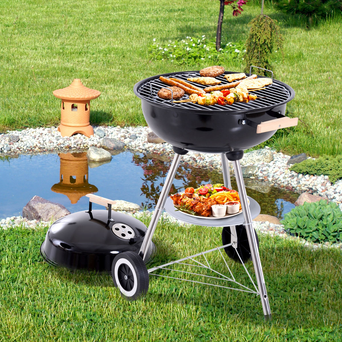 Outsunny Portable Round Kettle Charcoal Grill BBQ Smoker with Lid