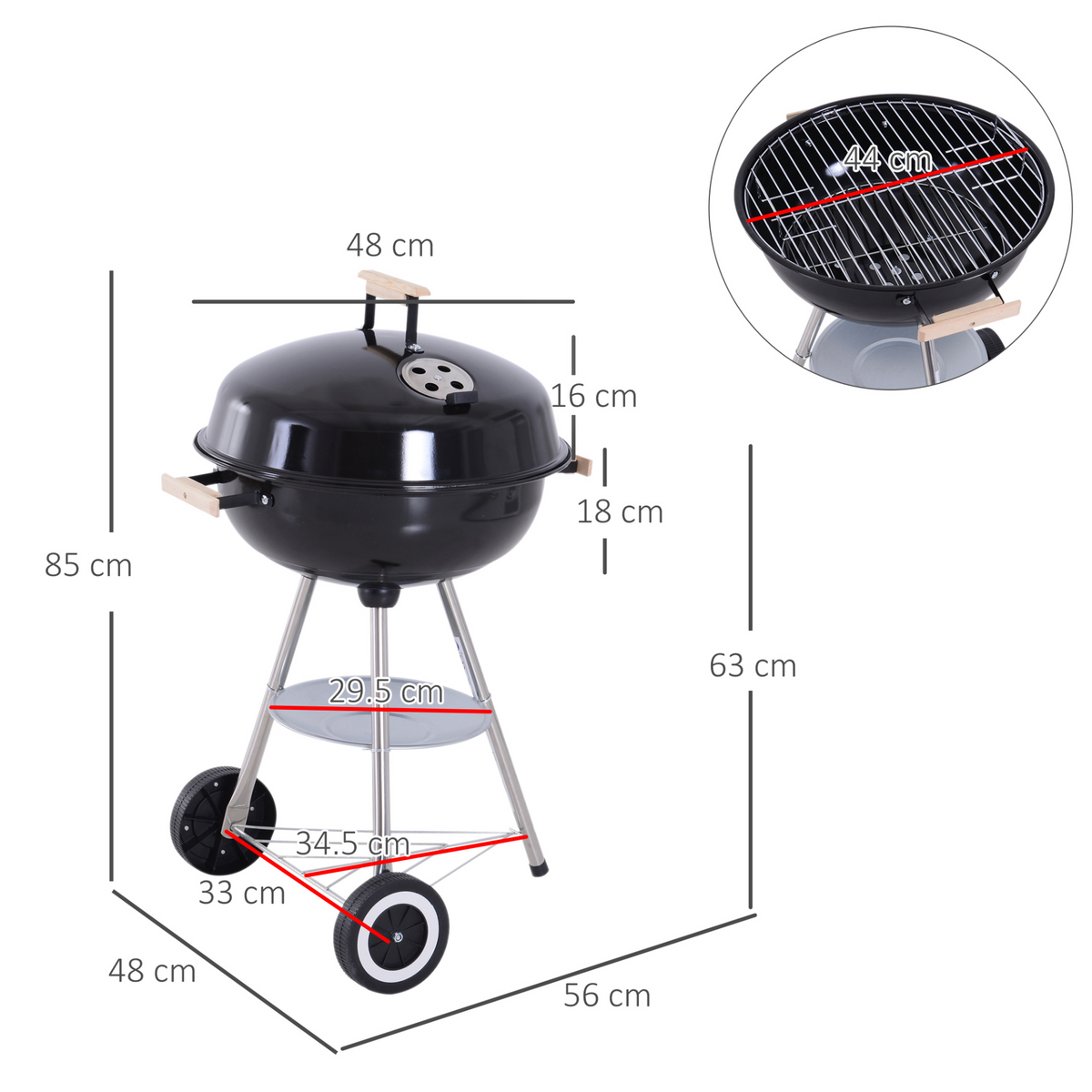 Outsunny Portable Round Kettle Charcoal Grill BBQ Smoker with Lid