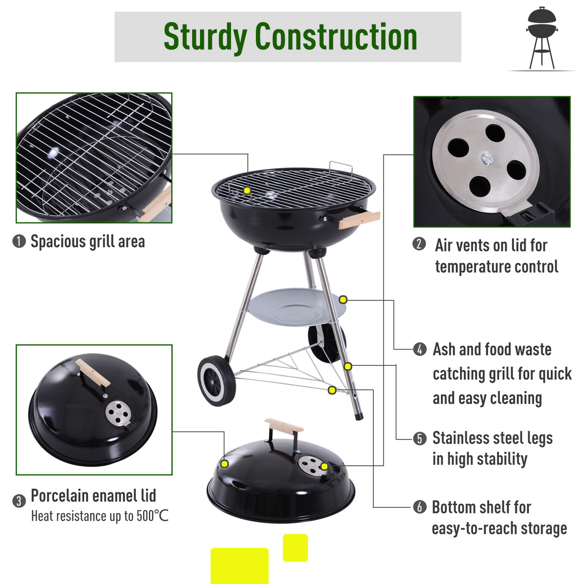 Outsunny Portable Round Kettle Charcoal Grill BBQ Smoker with Lid