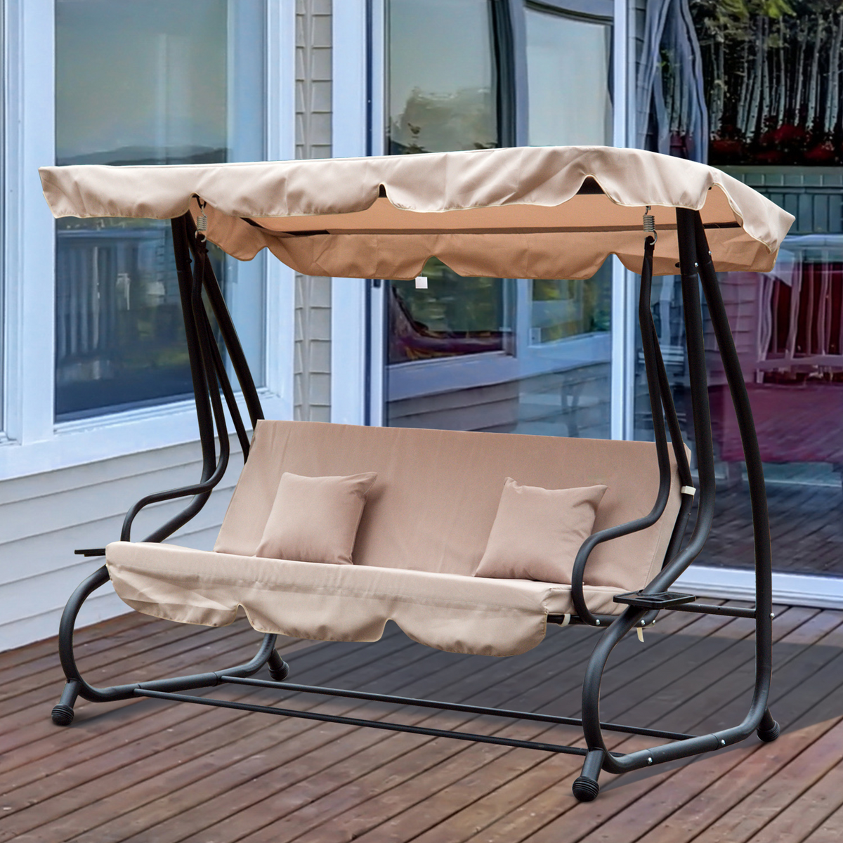 Outsunny 3 Seater Garden Swing Seat Bed Outdoor Swing Chair Bench Garden Hammock Patio Convertible Canopy Bed, Beige