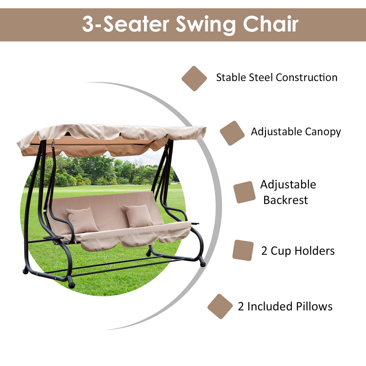 Outsunny 3 Seater Garden Swing Seat Bed Outdoor Swing Chair Bench Garden Hammock Patio Convertible Canopy Bed, Beige