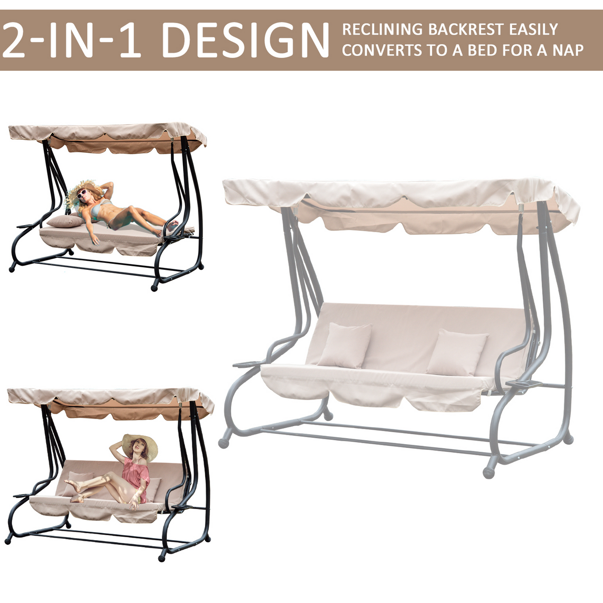 Outsunny 3 Seater Garden Swing Seat Bed Outdoor Swing Chair Bench Garden Hammock Patio Convertible Canopy Bed, Beige