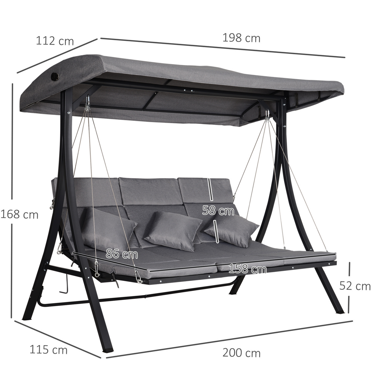 Outsunny 3 Seater Garden Swing Seat - Grey | Outdoor Swing Chair with Adjustable Canopy, Padded Seats, and Steel Frame