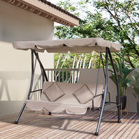 Outsunny Outdoor 2-in-1 Patio Swing Chair Lounger | 3 Seater Garden Swing Seat Bed Hammock Bed Convertible Tilt Canopy with Cushion, Beige