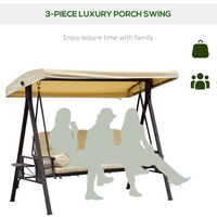 Outsunny 3 Seater Garden Swing Chair Outdoor Hammock Bench with Adjustable Canopy, Cushions, and Cup Trays - Steel Frame, Beige