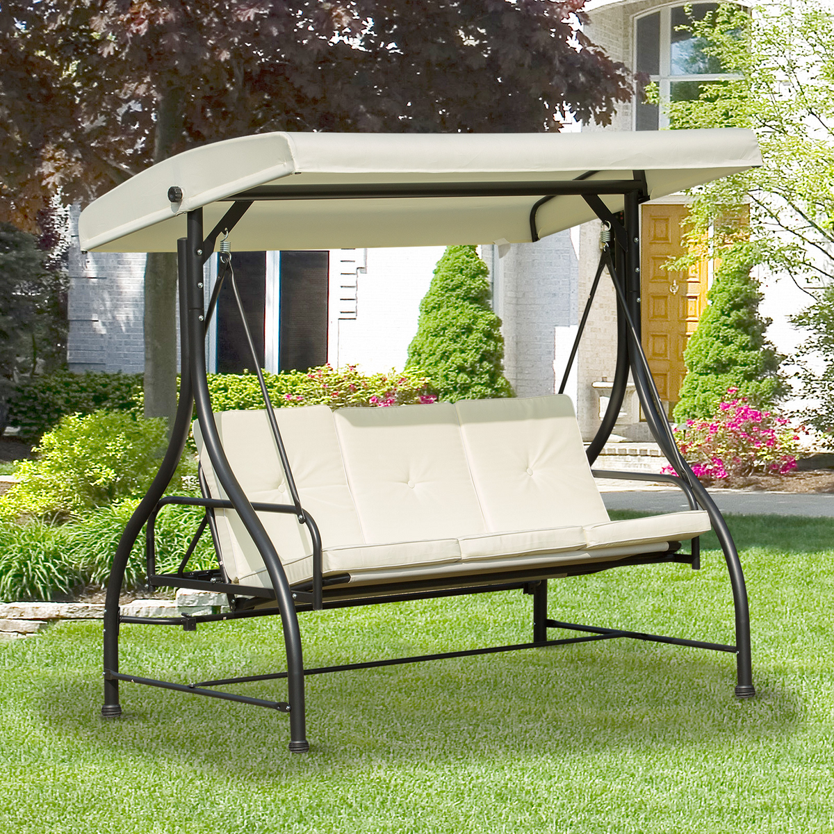 Outsunny 3 Seater Canopy Swing Chair Garden Swing Seat Bed Porch Hammock - Cream White